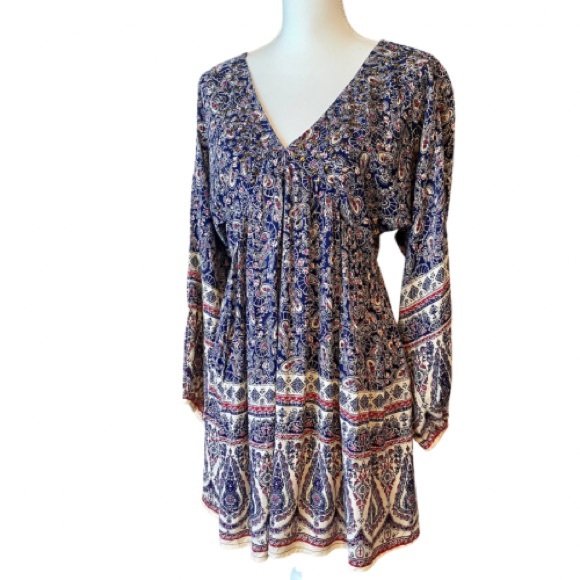 NWT En Créme Boho Peasant Dress | Navy Paisley Design + Beaded V-Neck (S) - Picture 3 of 14